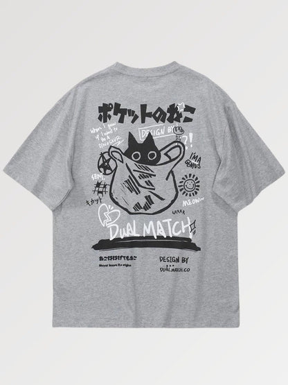 Camiseta Japonesa Gato Negro - Gris / S