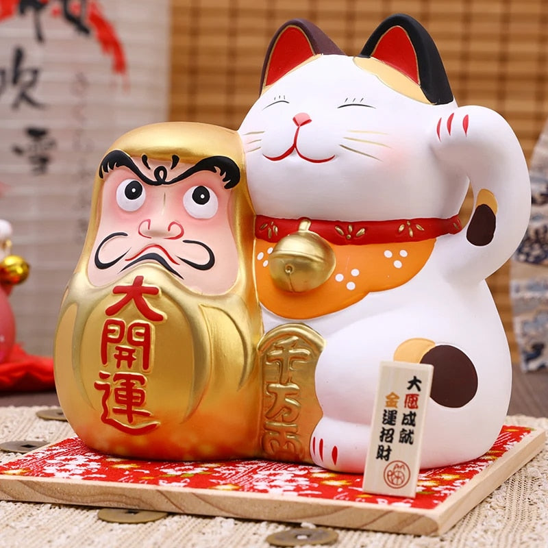 Gran Maneki Neko con Daruma - 19cm Dorado